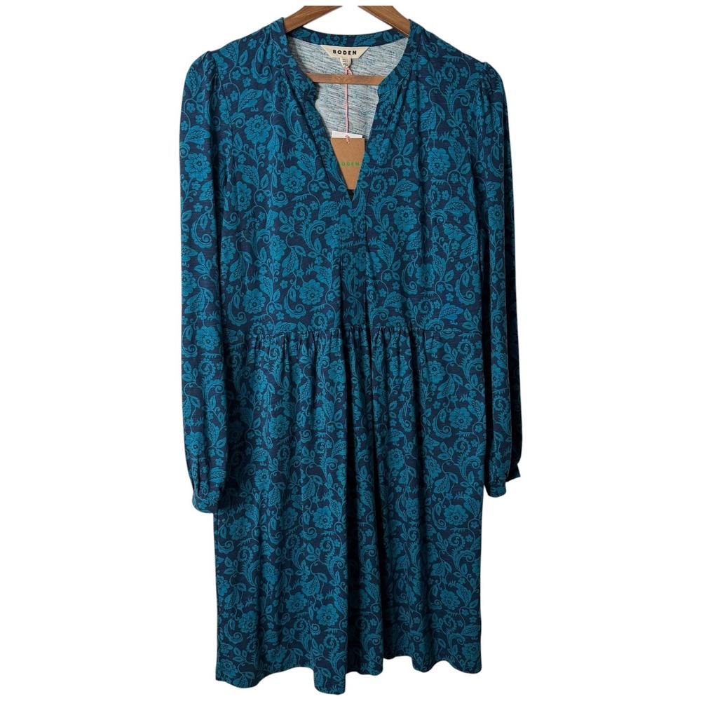 Boden Naomi Teal Blue Floral Paisley Tencel Cotton Dress Size 12 NWT Long Sleeve